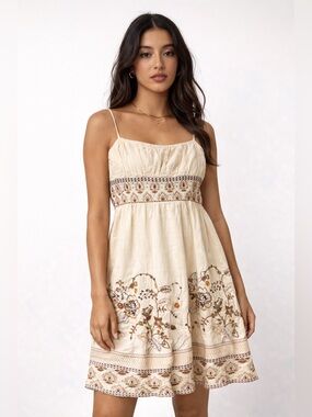MNG Suits Mango Embroidered Sundress Womens Small Boho Floral Midi Dress Beige